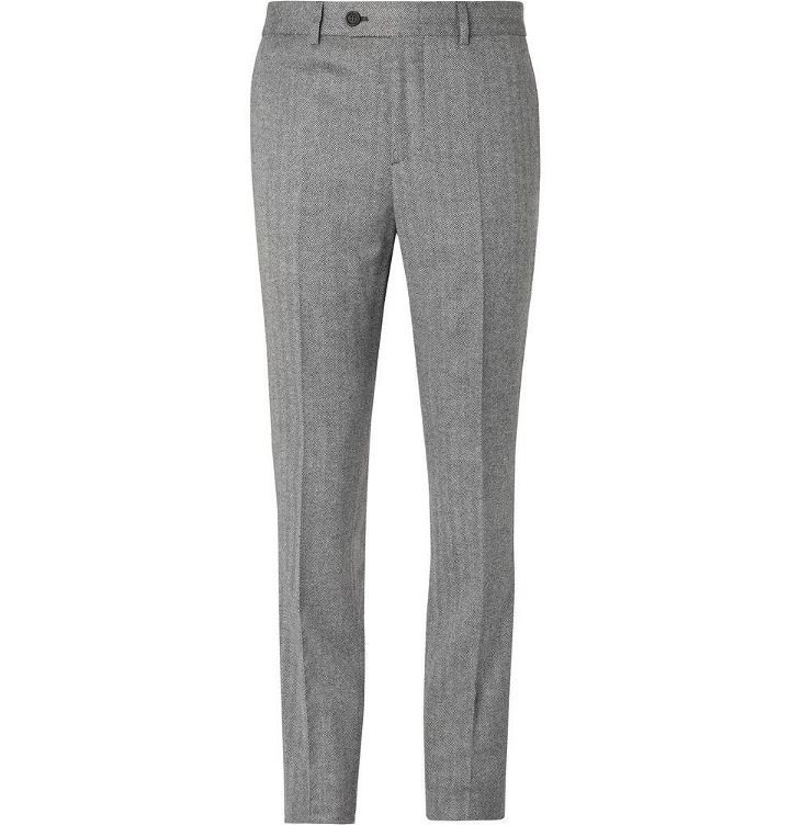 Photo: Brunello Cucinelli - Grey Slim-Fit Herringbone Virgin Wool and Cashmere-Blend Suit Trousers - Gray