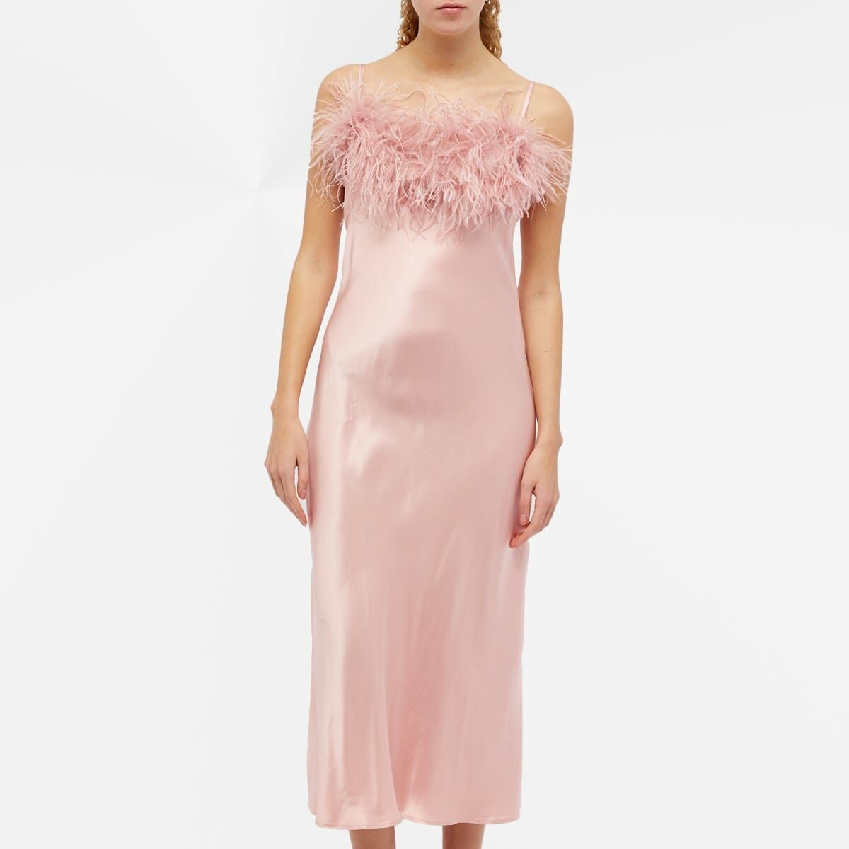 sleeper pink feather dress Sleeper Boheme Pink Satin Feather Trim Midi Slip Dress  House Of Huntington