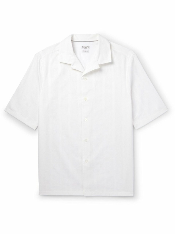 Photo: Brunello Cucinelli - Camp-Collar Striped Textured-Cotton Shirt - White