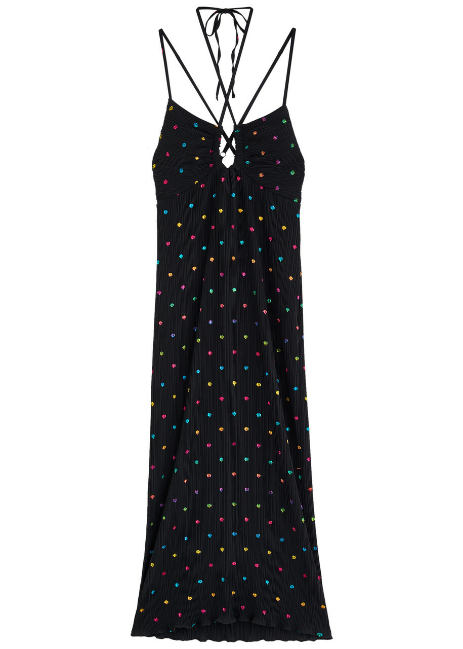 Never Fully Dressed Megan Plissé Printed Chiffon Midi Dress Black