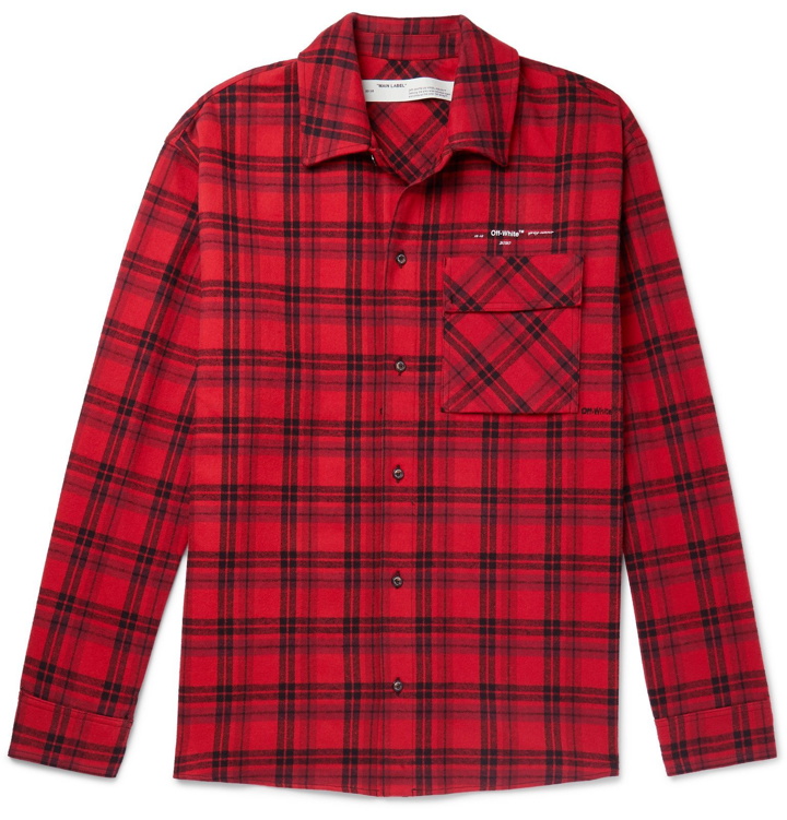Photo: Off-White - Oversized Logo-Appliquéd Checked Cotton-Blend Flannel Shirt - Red