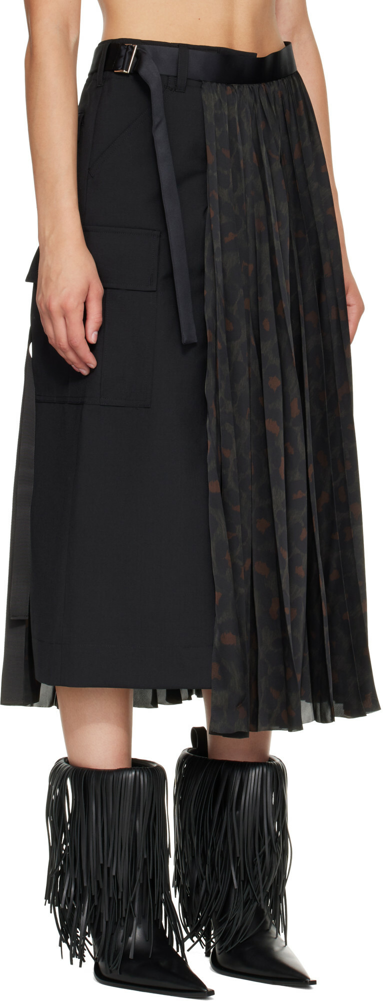 sacai Black Leopard x Suiting Midi Skirt