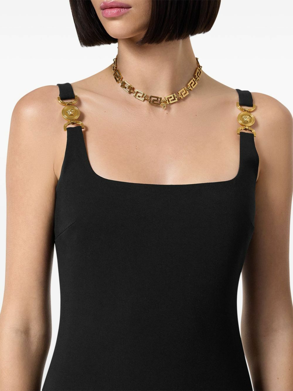 ワンピース VERSACE MEDUSA SLEEVELESS SHORT DRESS VERSACE Womens Black + Gold MEDUSA HEAD Sweetheart Cutout