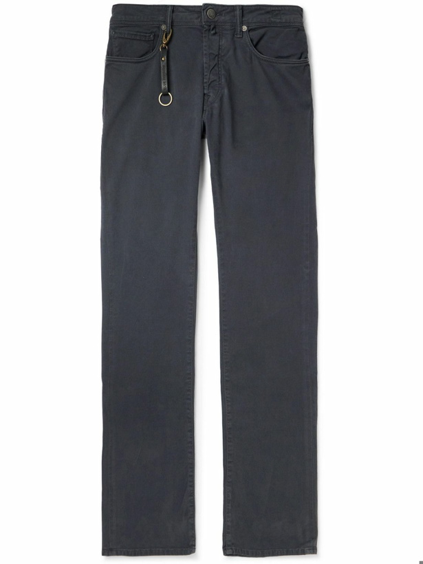 Photo: Incotex - Leather-Trimmed Straight-Leg Jeans - Blue