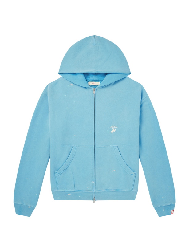 Photo: Cherry Los Angeles - Logo-Embroidered Paint-Splattered Cotton-Jersey Zip-Up Hoodie - Blue