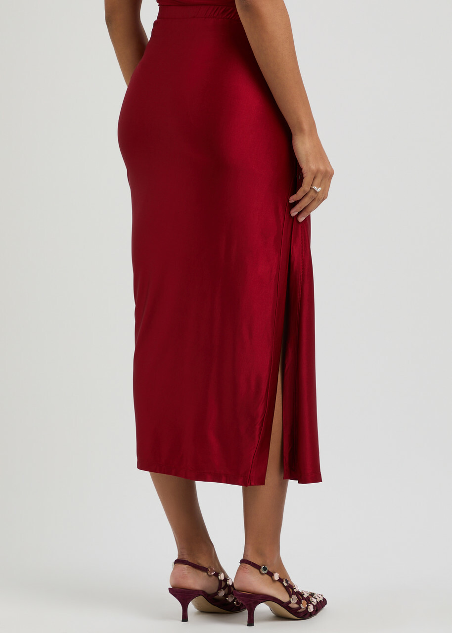 Rabanne Gathered Satin-jersey Midi Skirt Red Paco Rabanne