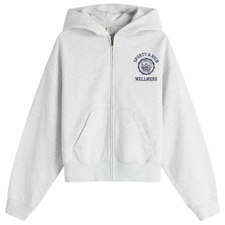 Photo: Sporty & Rich Women's Emblem Cropped Zipped Hoodie in Heather Gray Navy