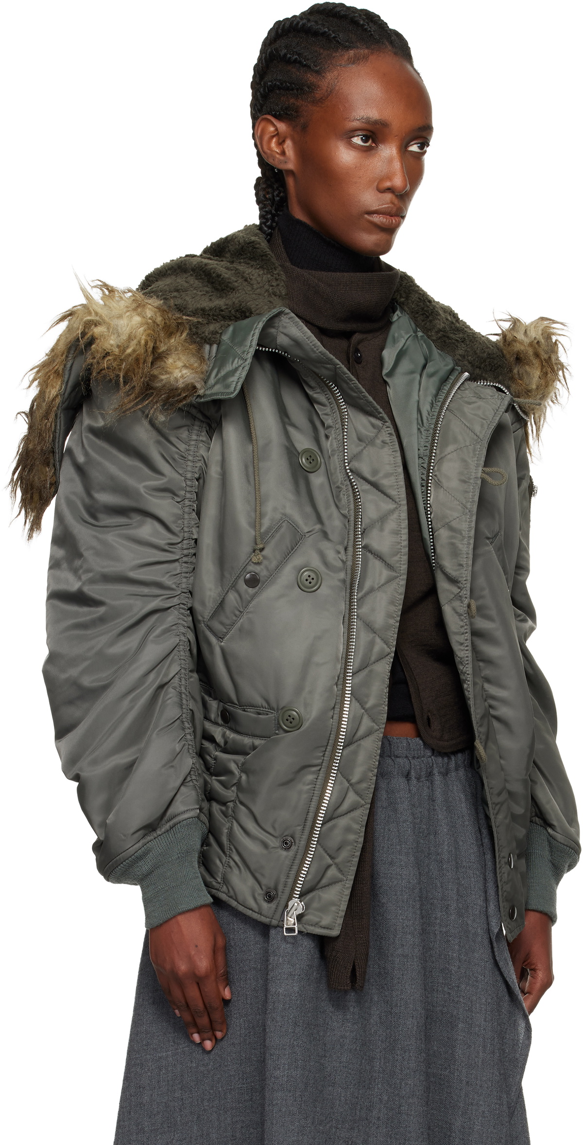 Junya Watanabe Khaki Faux-Fur Hood Bomber Jacket