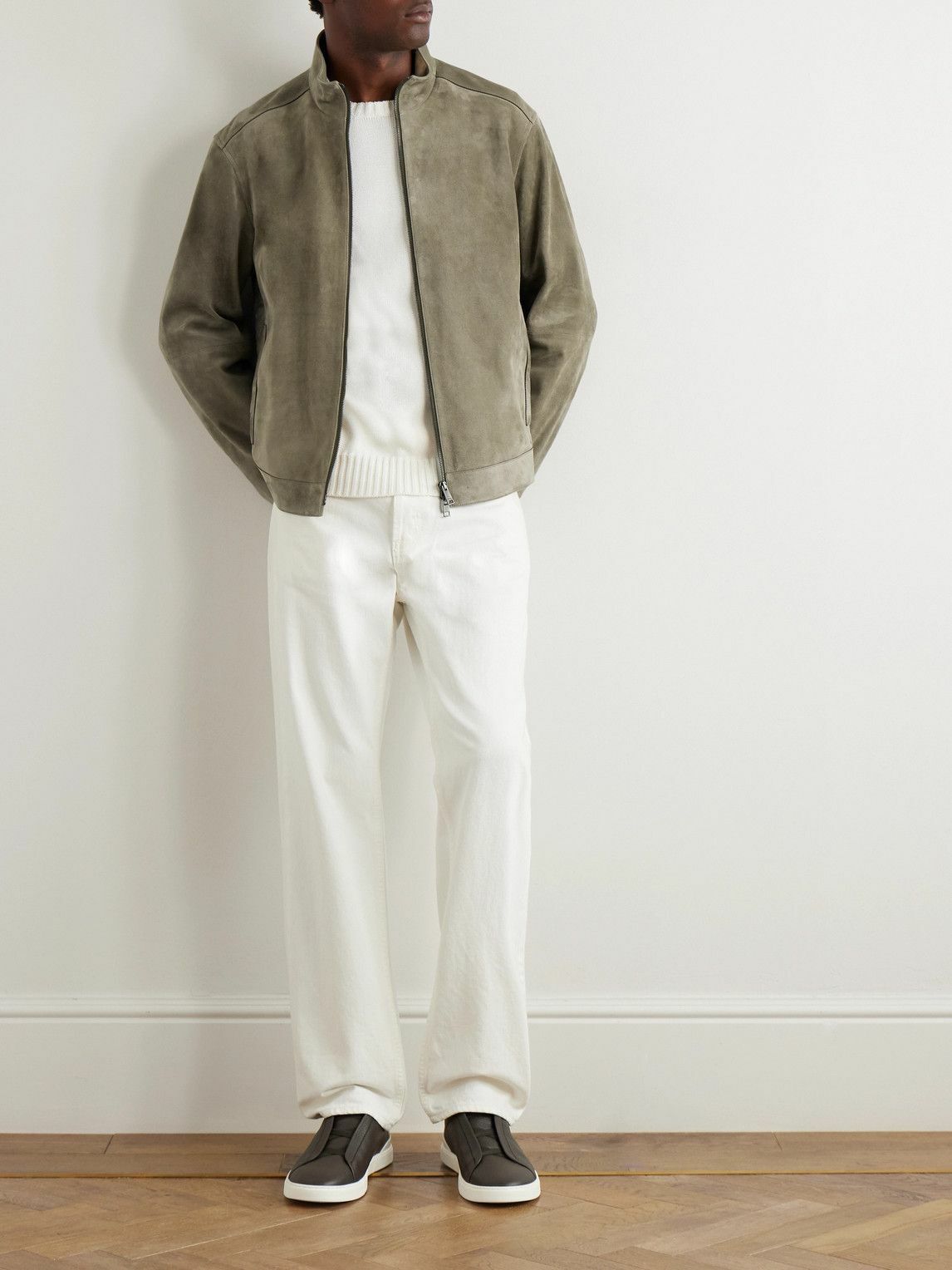 Zegna - Slim-Fit Suede Biker Jacket - Neutrals