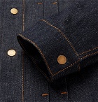 Dunhill - Leather-Trimmed Pleated Stretch-Denim Jacket - Men - Indigo
