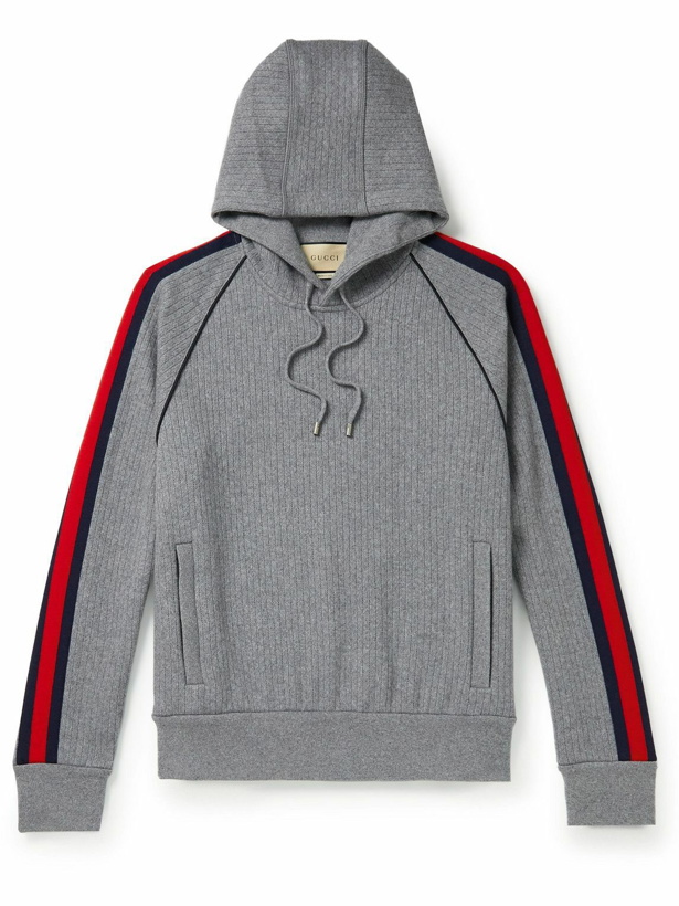 Photo: GUCCI - Webbing-Trimmed Ribbed Wool and Cashmere-Blend Hoodie - Gray