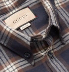 GUCCI - Button-Down Collar Logo-Appliquéd Checked Wool-Flannel Shirt - Blue