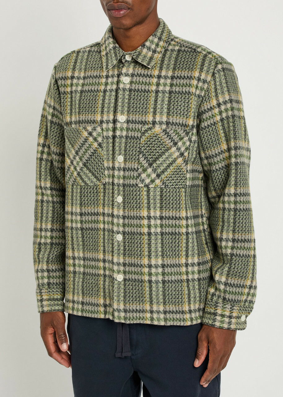 Wax London Whiting Checked Wool-blend Overshirt Green