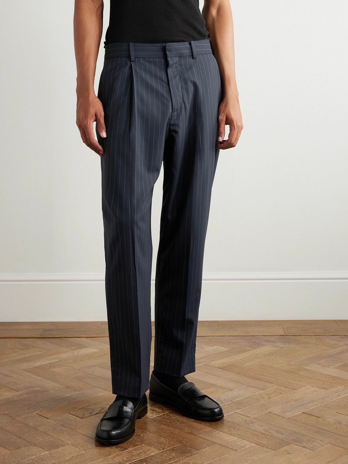 Balmain - Tapered Cropped Pleated Pinstriped Wool-Blend Trousers - Black