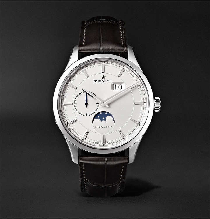 Photo: Zenith - Elite Moonphase 40mm Stainless Steel and Alligator Watch - White