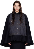 sacai Navy Wool Melton & Denim Cape Jacket