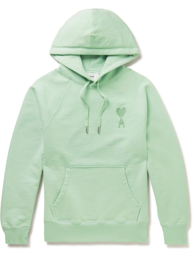 Photo: AMI PARIS - Logo-Embroidered Organic Cotton-Jersey Hoodie - Green