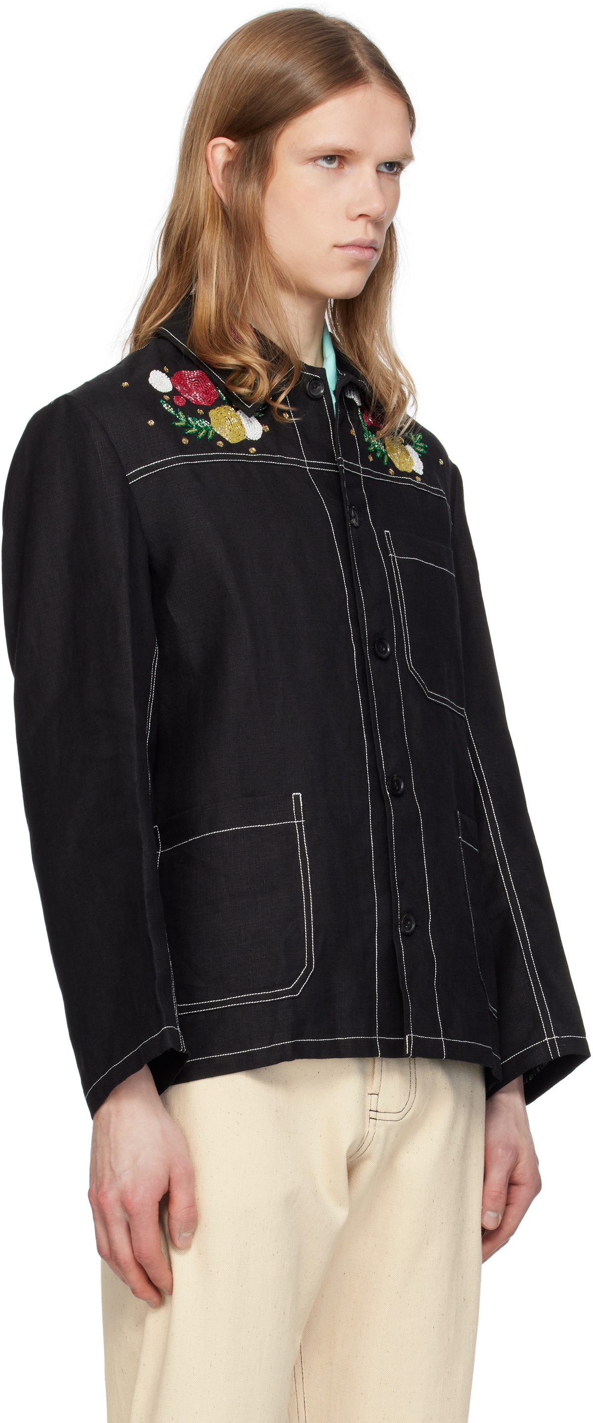 HARAGO Black Beadwork Double Stitch Jacket