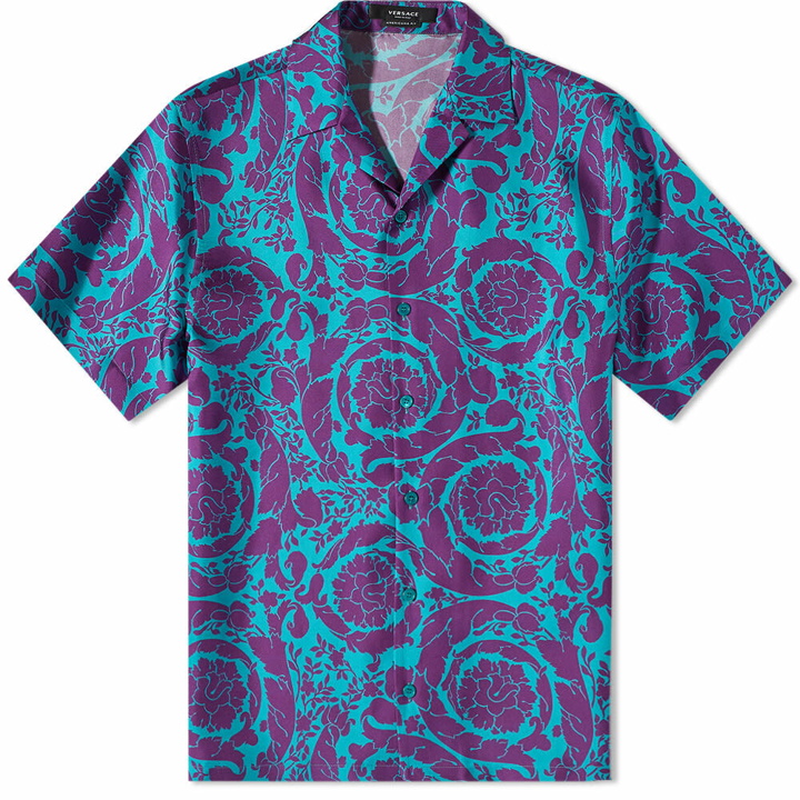 Photo: Versace Men's Baroque Abstract Print Vacation Shirt in Blue/Purple