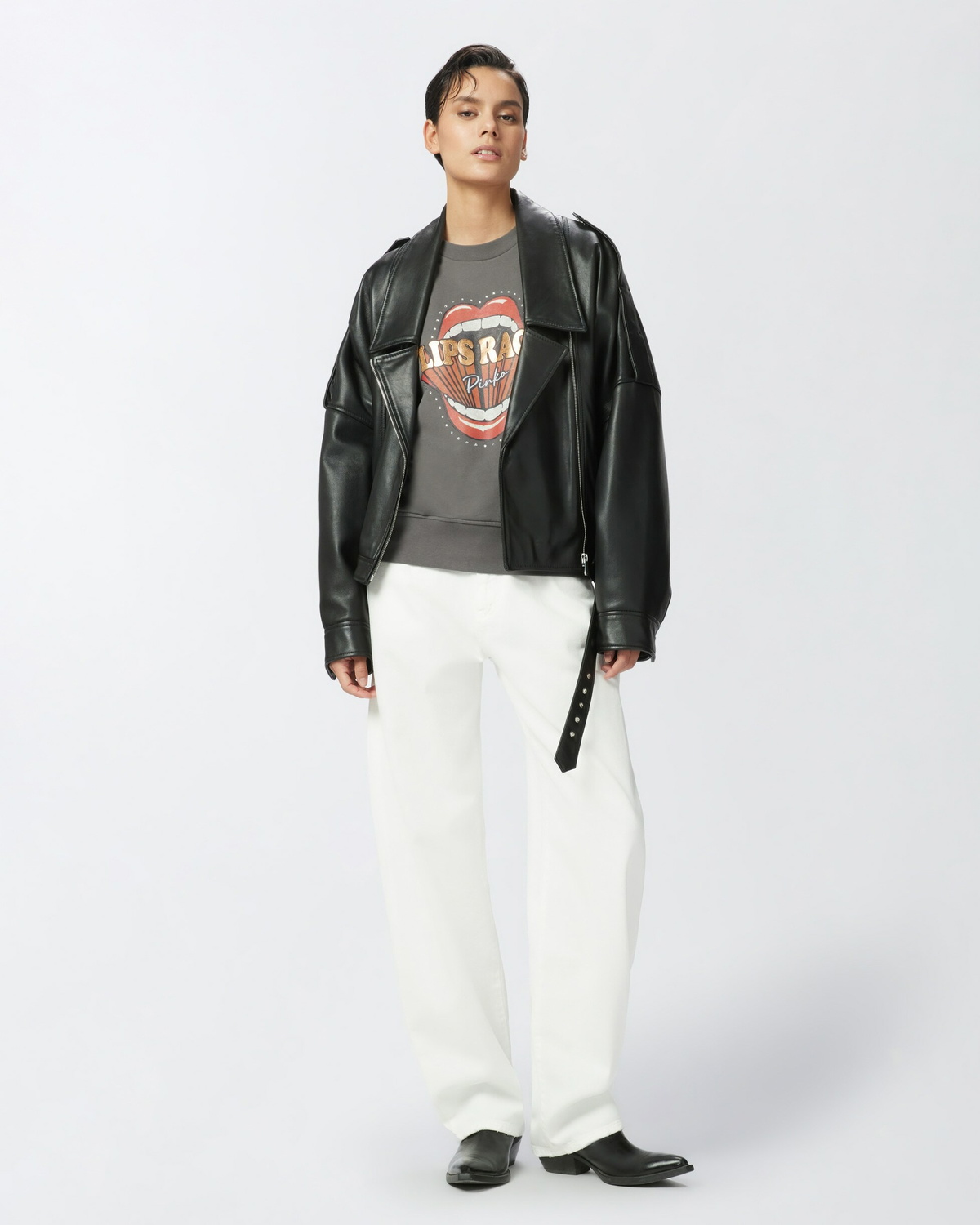 Pinko Crew Neck Sweatshirt With Lips Race Mouth Print Grey Dark Seagull