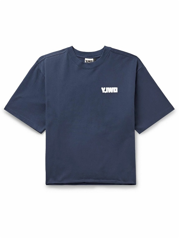 Photo: Y,IWO - Cropped Logo-Print Cotton-Jersey T-Shirt - Blue
