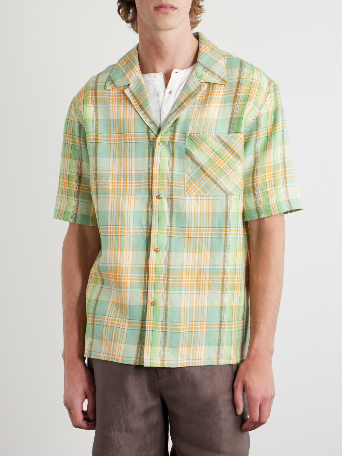 God's True Cashmere - Convertible-Collar Checked Linen Shirt - Green