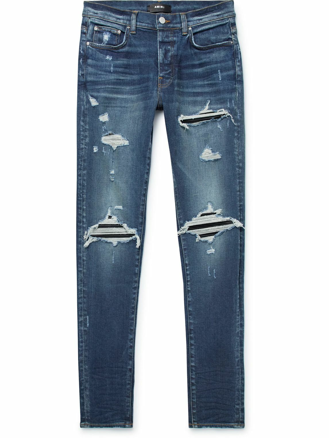 AMIRI - MX1 Skinny-Fit Panelled Distressed Jeans - Blue Amiri AMIRI - MX1 Skinny-Fit Panelled Distressed Jeans - Blue Amiri