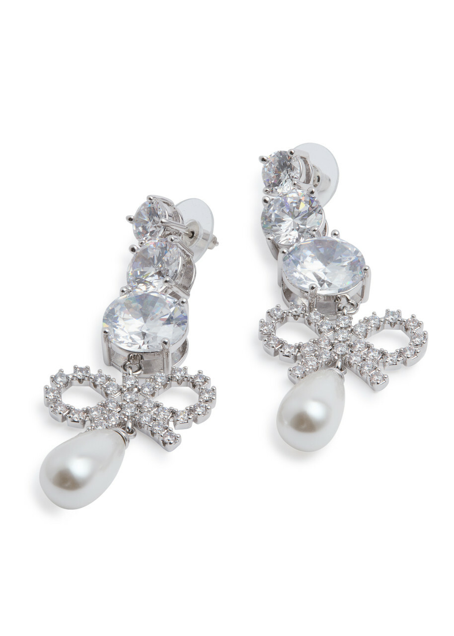 Self-portrait Crystal-embellished bow Drop Earrings - Silver - One Size