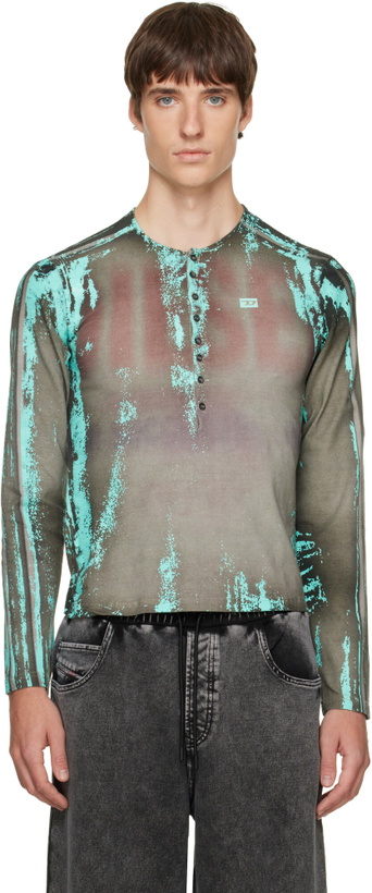 Photo: Diesel Gray Grandad Cracked Leather-Effect Jersey Henley