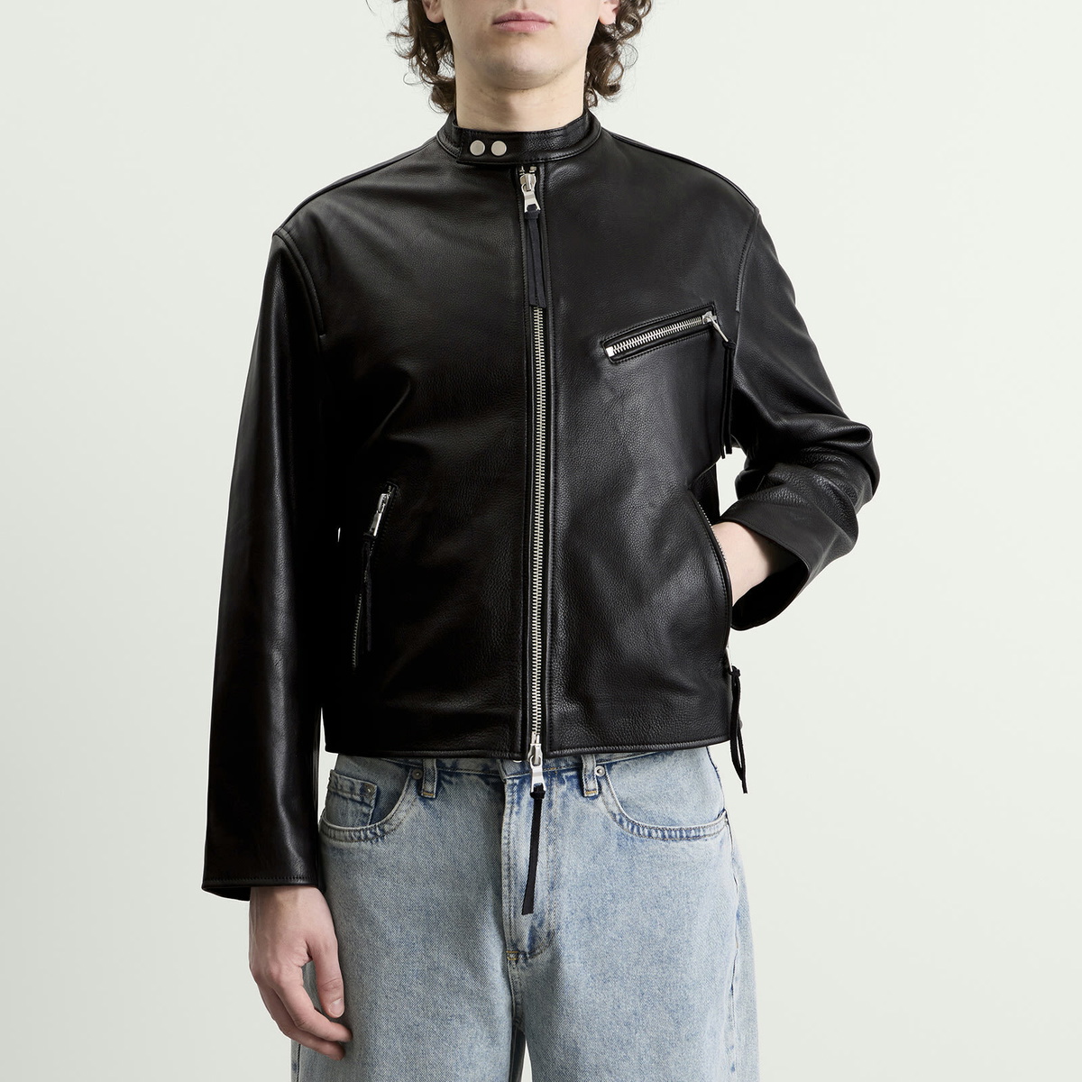 MKI Men's Cropped Leather Racer Jacket in Black