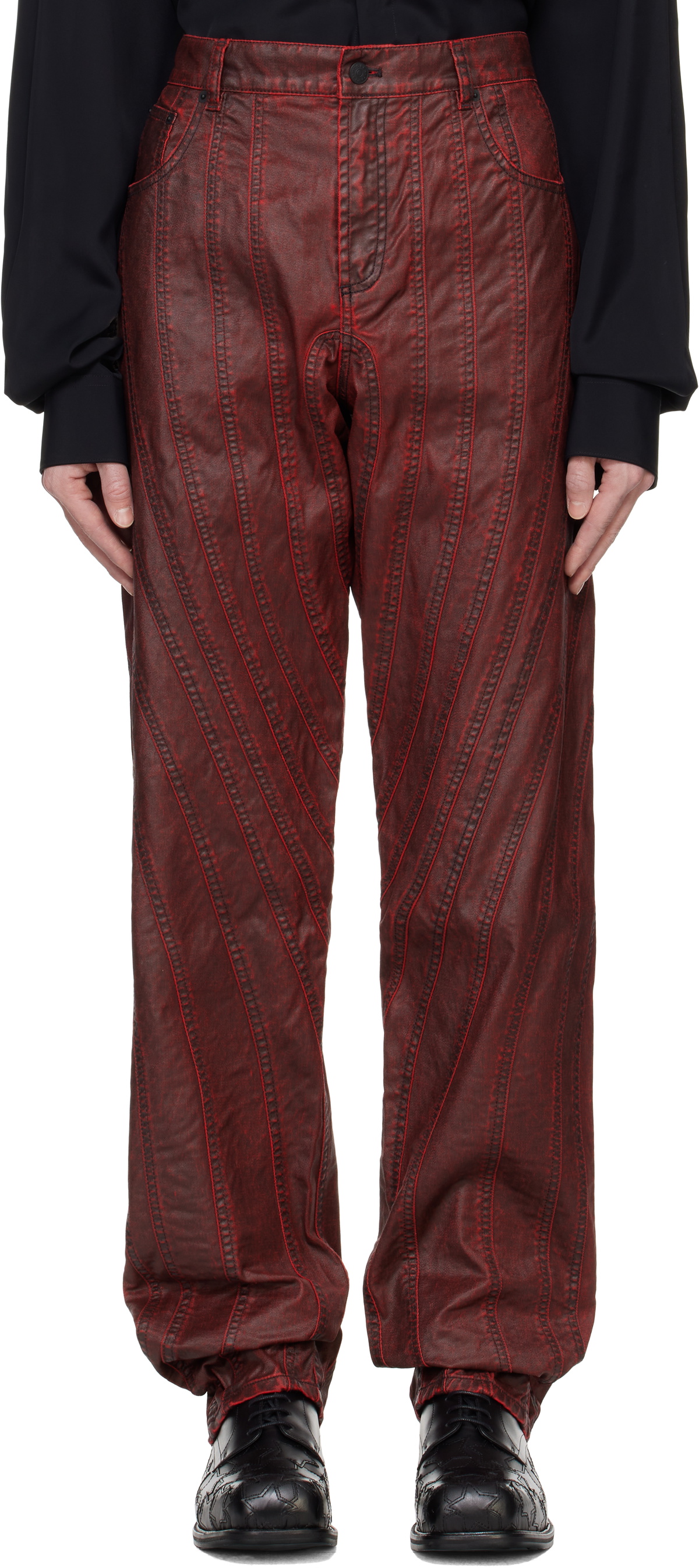 Mugler Burgundy Waxed Spiral Baggy Jeans