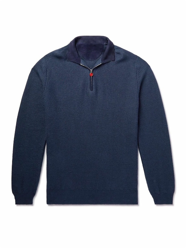 Photo: Kiton - Suede-Trimmed Honeycomb-Knit Linen and Cashmere-Blend Half-Zip Sweater - Blue