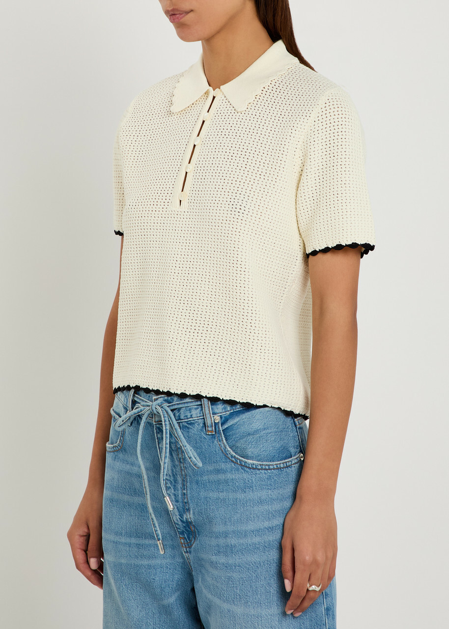 Frame The Daybreak Pointelle-knit Polo top Beige