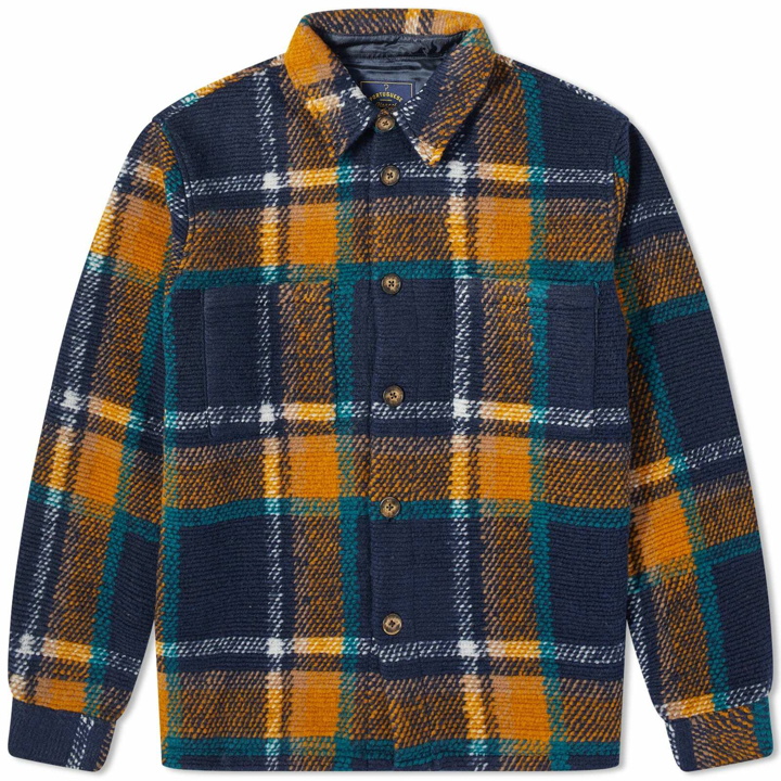 Photo: Portuguese Flannel Men's Plaid Tricot Overshirt in Navy/Amber