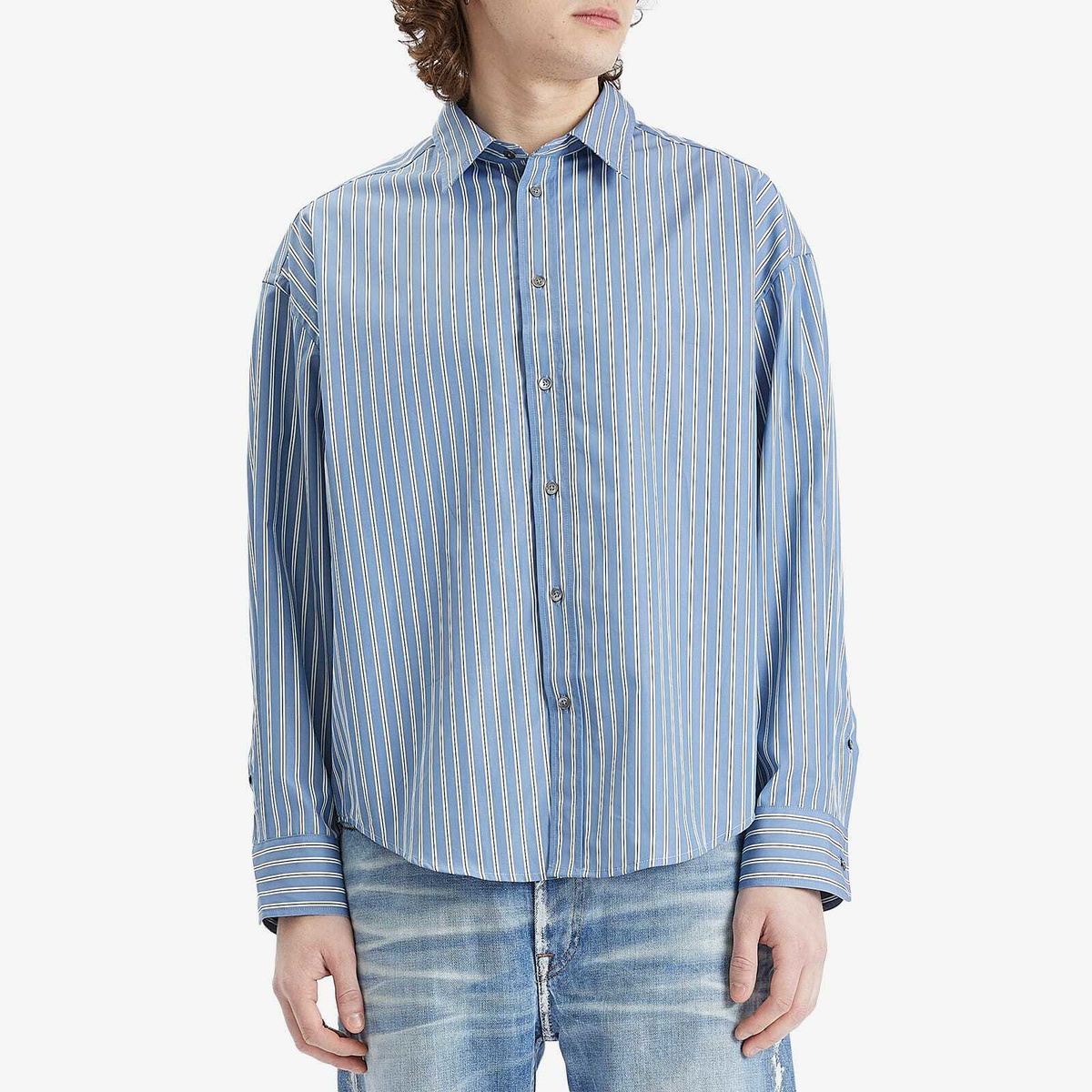 AMI Paris Men's Boxy Fit Stripe Shirt in Blue Note/White/Navy