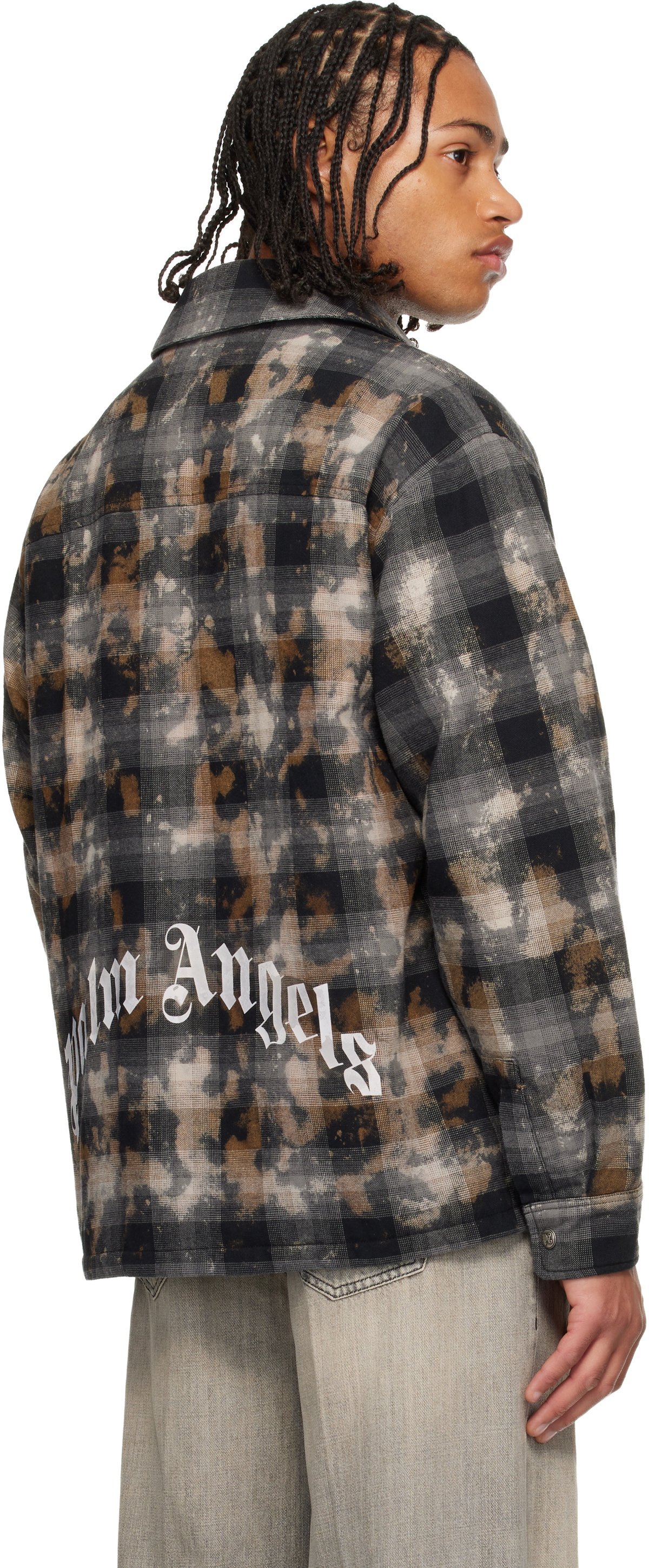 新品 Palm Angels CHECK BACK LOGO OVERSHIRT Palm Angels Gray & Brown Curved Logo Check Overshirt Palm Angels