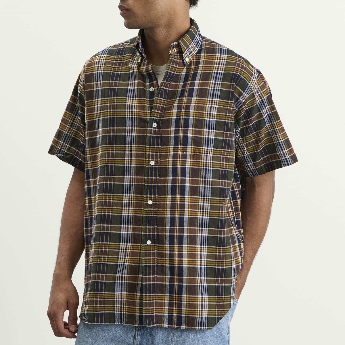 Beams Plus Men's Short Sleeve Button Down Madras Shirt in Brown