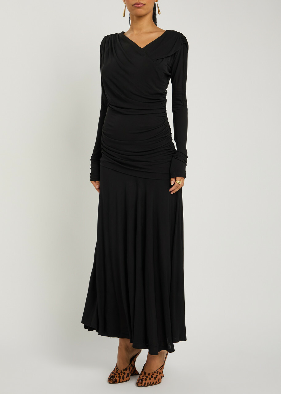 Ganni Ruched Wrap-effect Mesh Maxi Dress Black