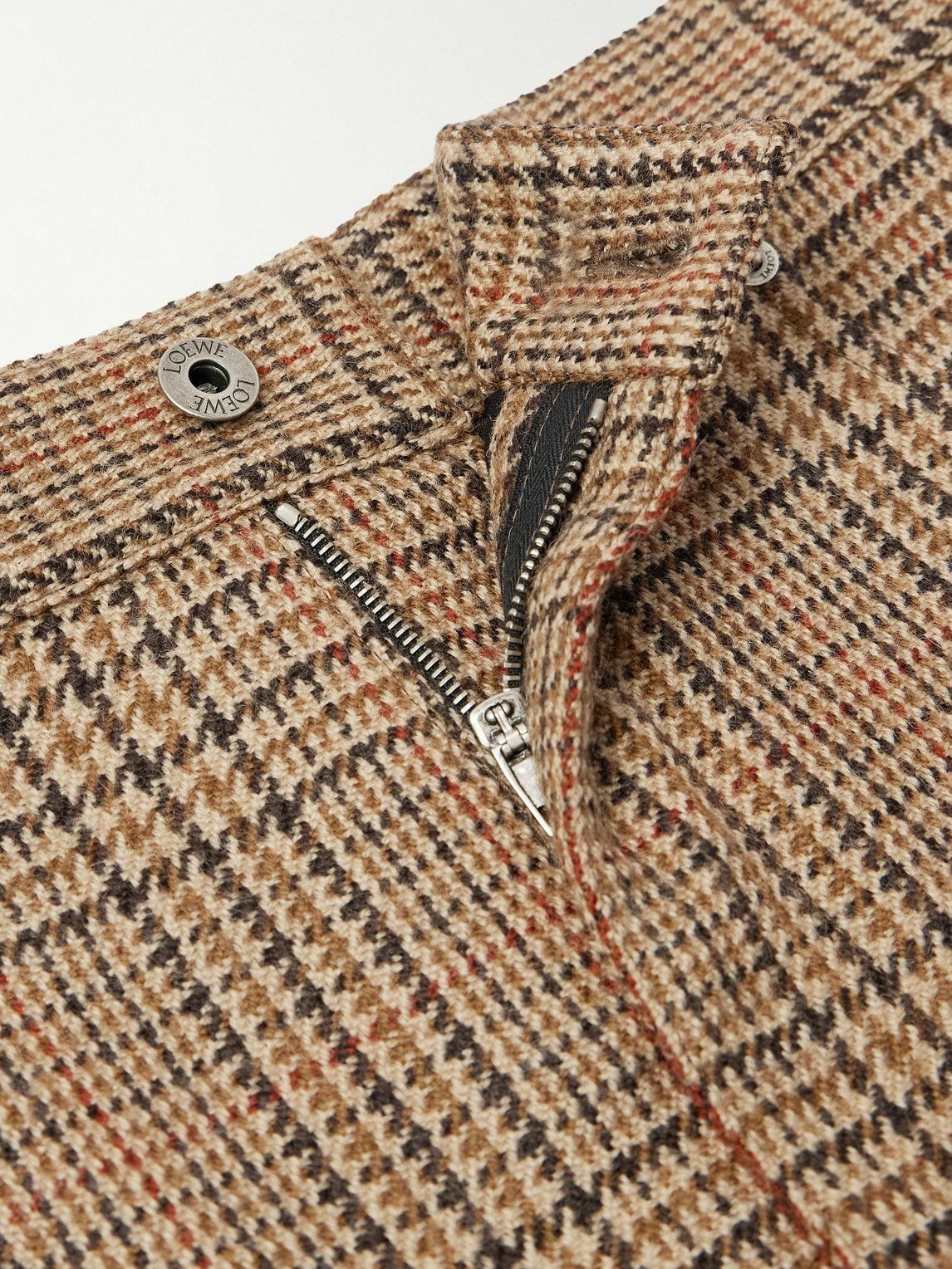 LOEWE - Leather-Trimmed Prince of Wales Checked Wool Trousers - Neutrals