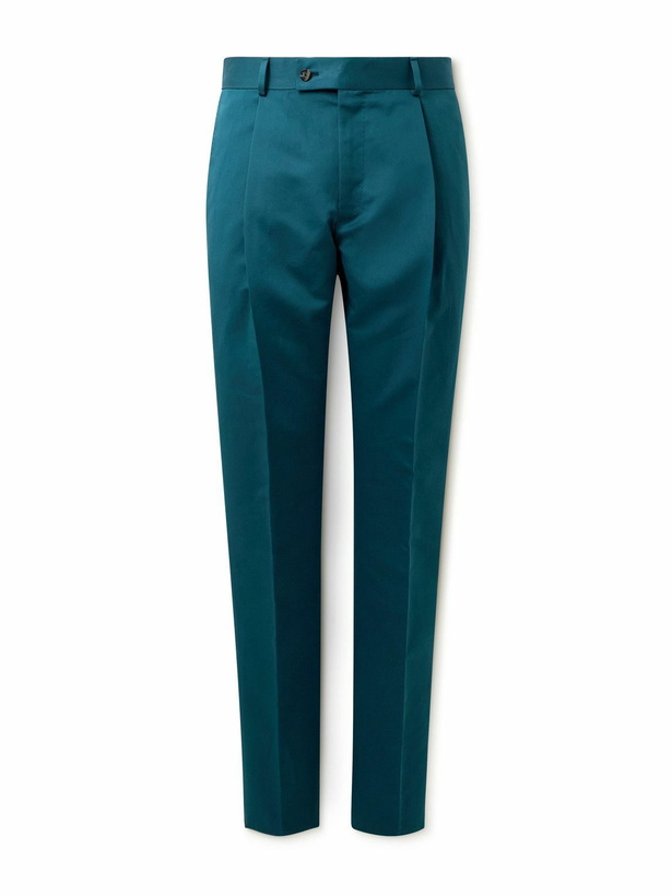 Photo: Caruso - Slim-Fit Pleated Cotton and Silk-Blend Twill Trousers - Blue