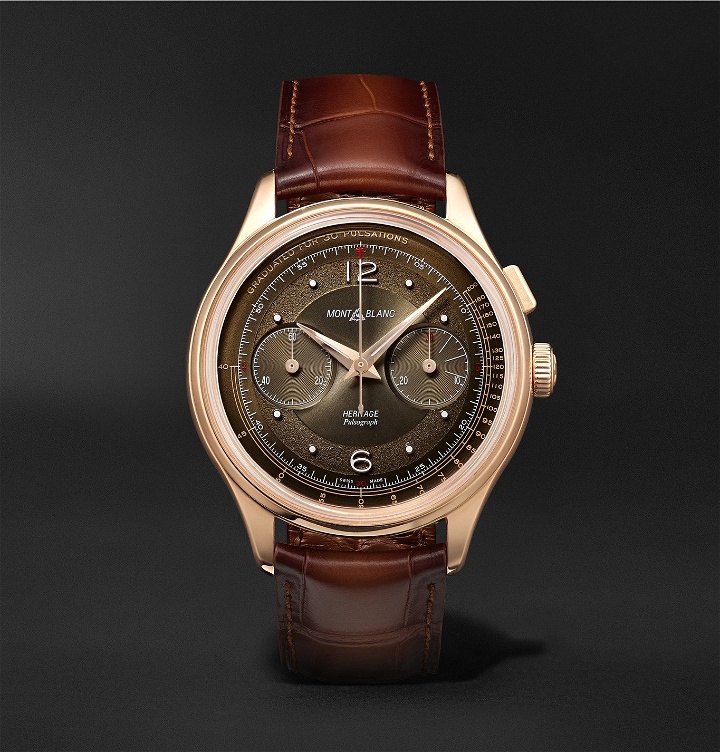 Photo: Montblanc - Heritage Pulsograph Limited Edition Hand-Wound Chronograph 40mm 18-Karat Rose Gold and Alligator Watch, Ref. No. 126095 - Brown