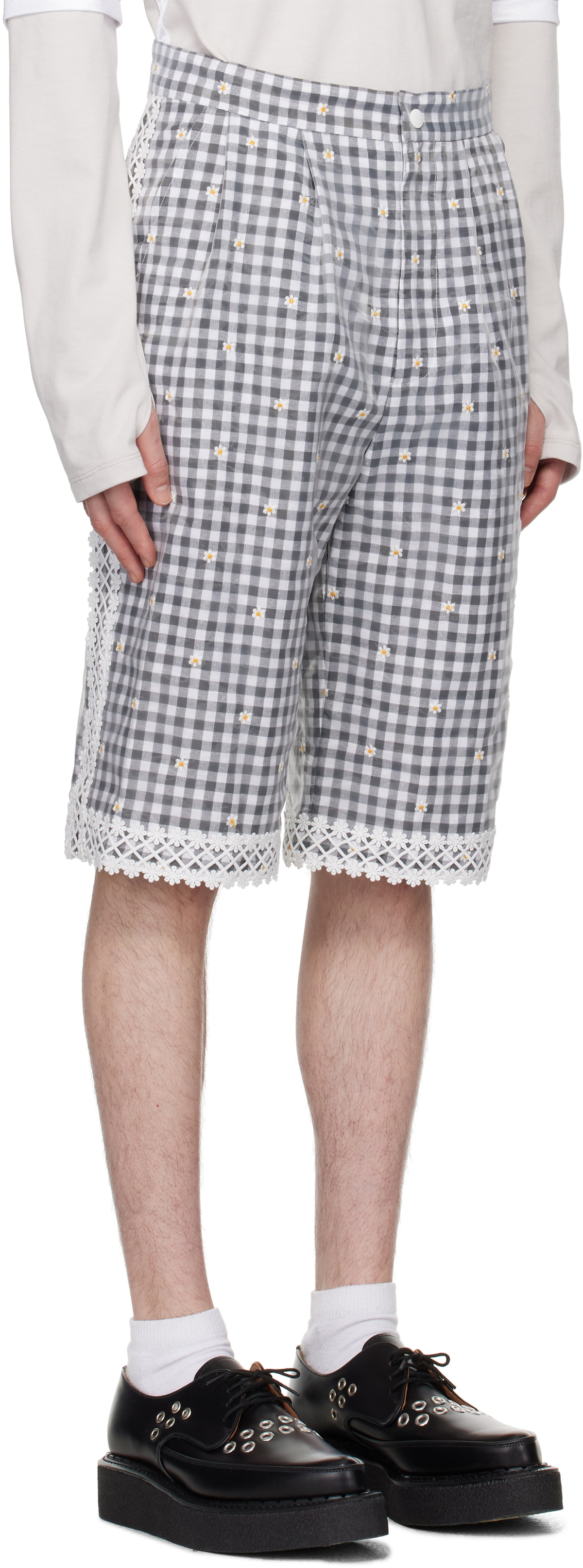 Anna Sui SSENSE Exclusive Black & Gray Daisy Embroidery On Gingham Shorts