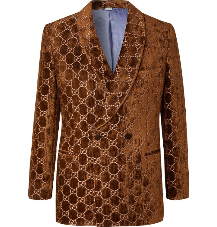 Photo: Gucci - Brown Double-Breasted Logo-Embroidered Velvet Tuxedo Jacket - Brown