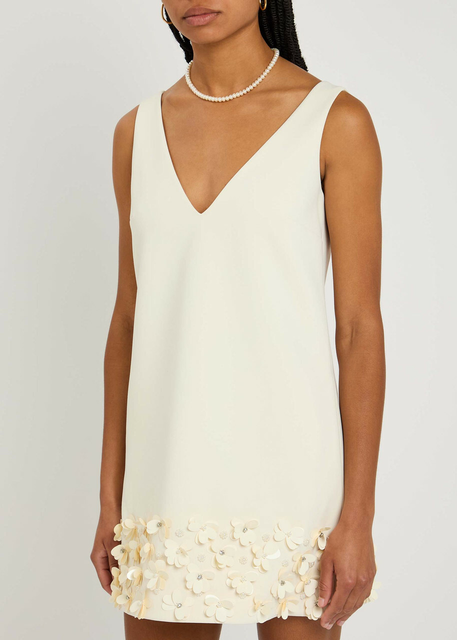Self-portrait Crystal and Faux-pearl Embellished Crepe Mini Dress Cream