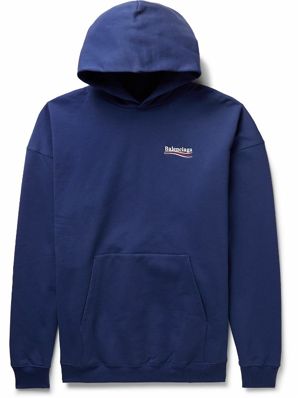 Photo: Balenciaga - Oversized Distressed Logo-Embroidered Cotton-Jersey Hoodie - Blue