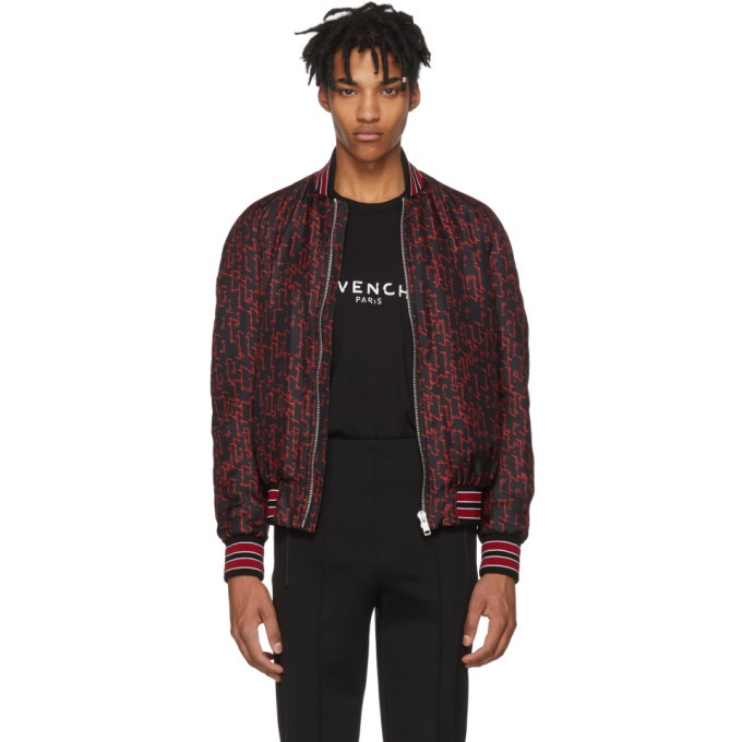 Photo: Givenchy Black and Red All Over Logo Signature Bomber Jacket