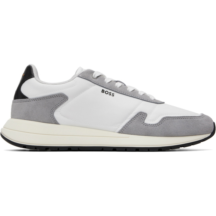 Photo: BOSS White & Gray Lightweight Fabric Suede Trim Sneakers