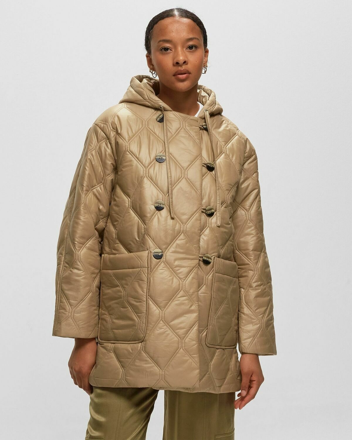 Ganni Shiny Quilt Hooded Jacket Brown - Womens - Coats GANNI