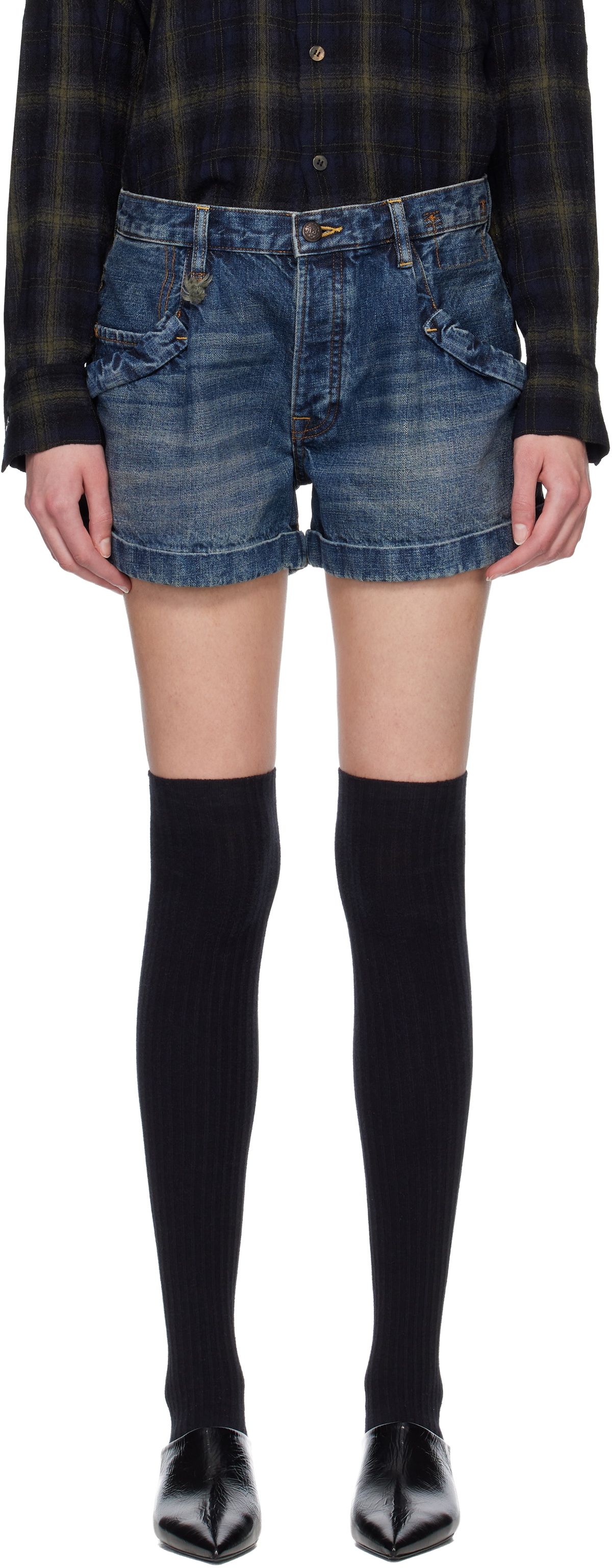 R13 Blue Pouch Pocket Denim Shorts