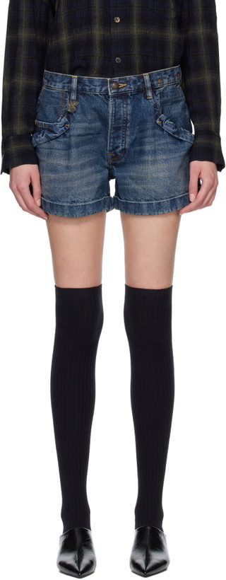 Photo: R13 Blue Pouch Pocket Denim Shorts